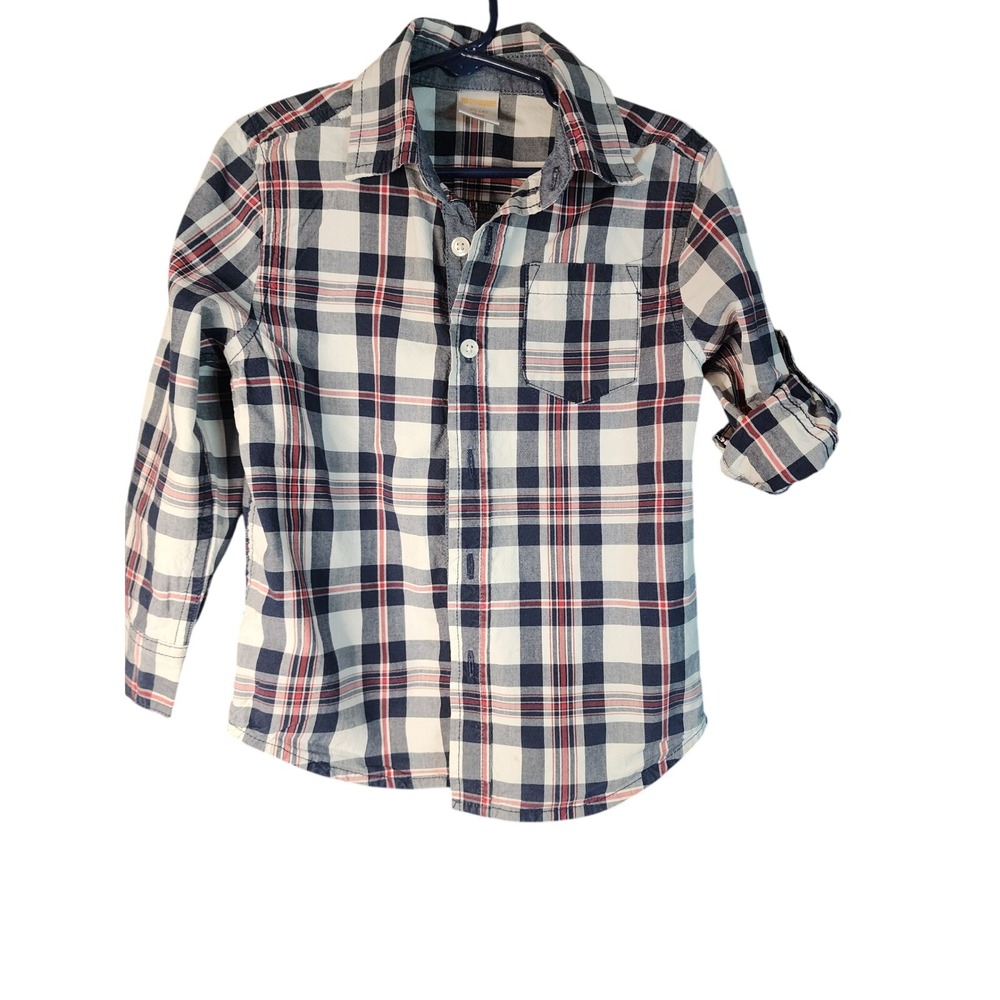 Gymboree Boys Plaid Button Down Shirt XS 4 Navy White Red Cotton Roll Sleeve